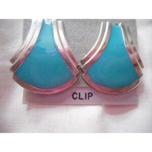 New Vintage clip on earrings silver with teal blue accent costume jewelry Unused